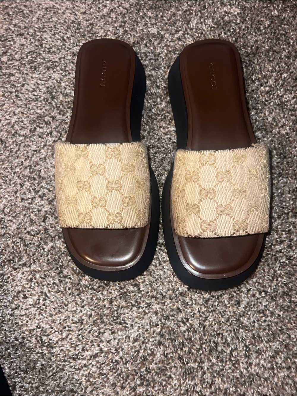 Gucci Beige Canvas Monogram Slide Sandals with Brown Footbed